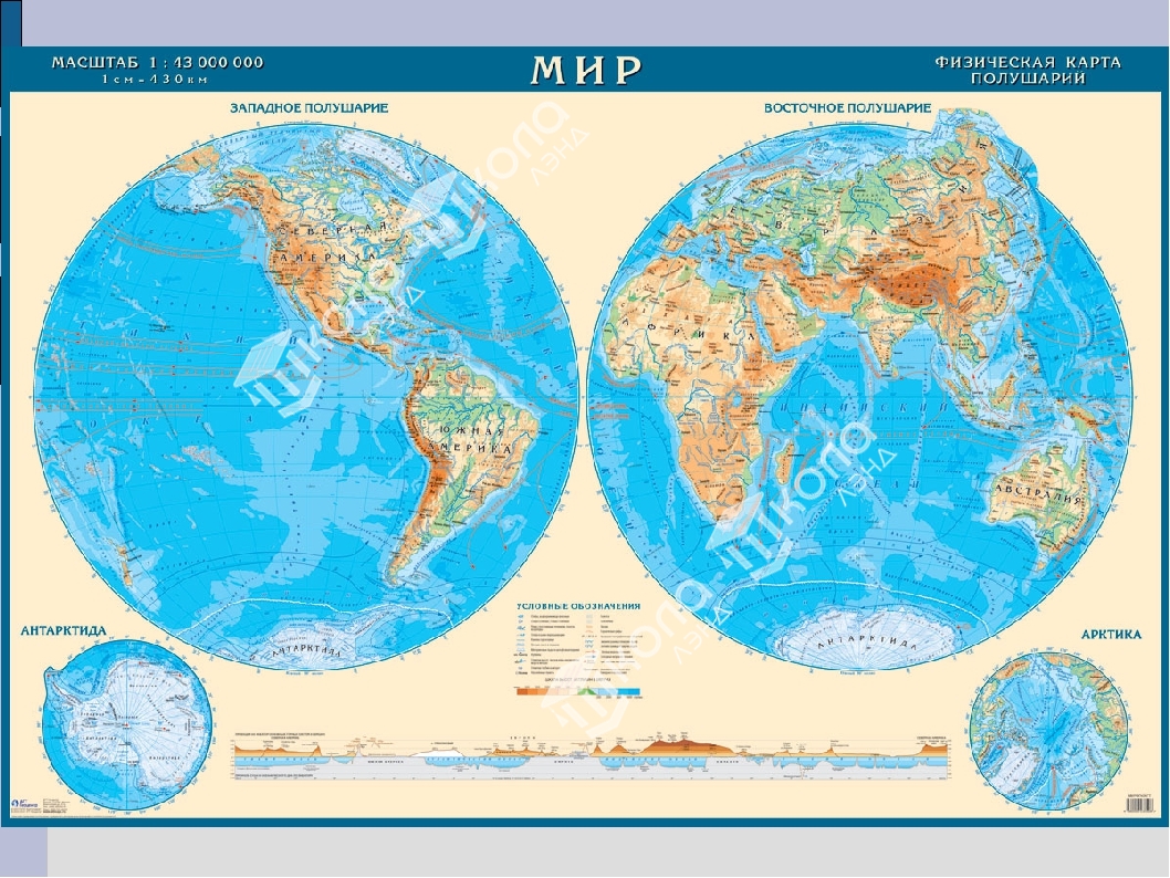 Карта полушарий с материками и океанами для начальной школы